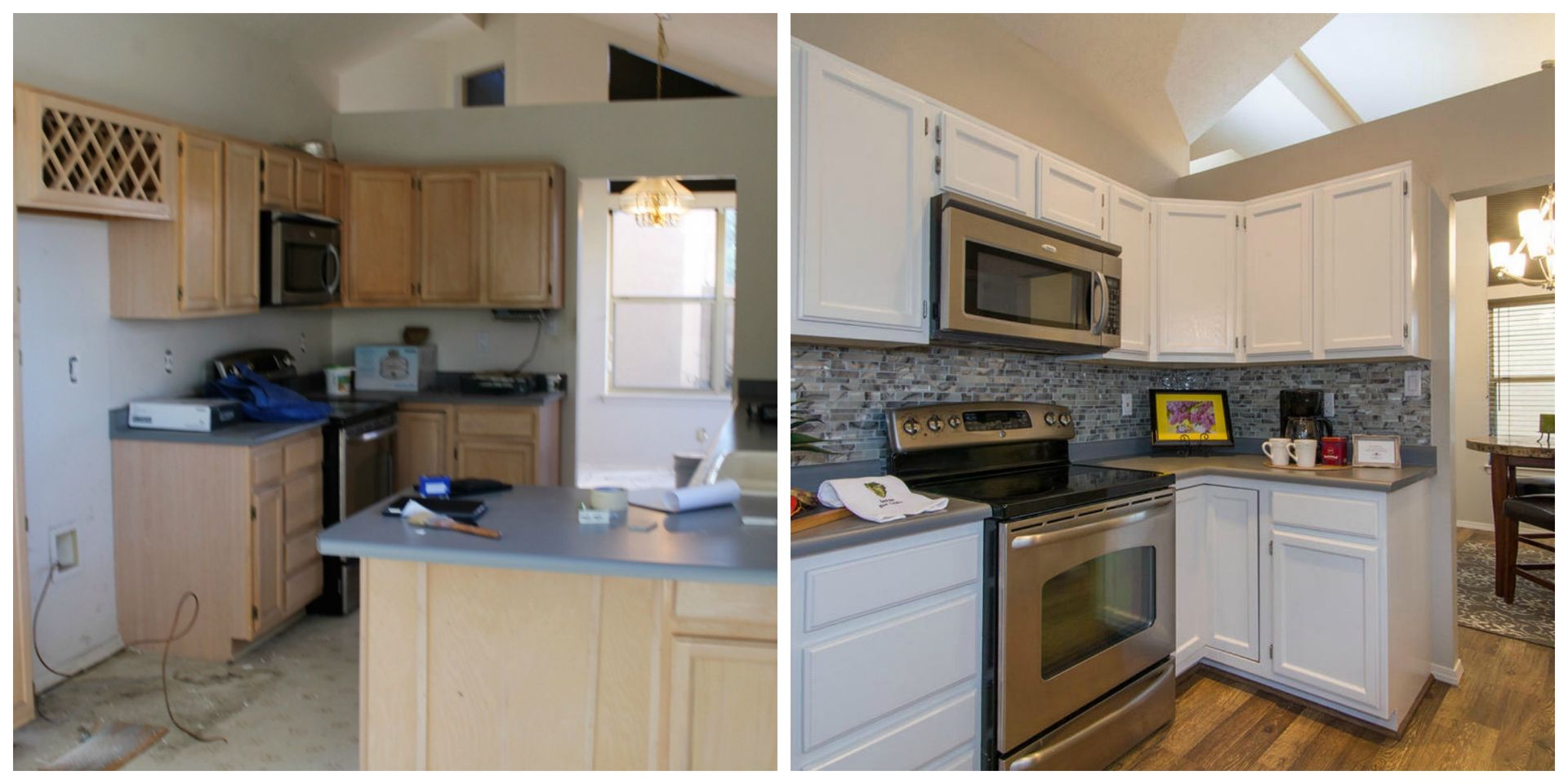 a before and after photo of a kitchen with white cabinets and stainless steel appliances .
