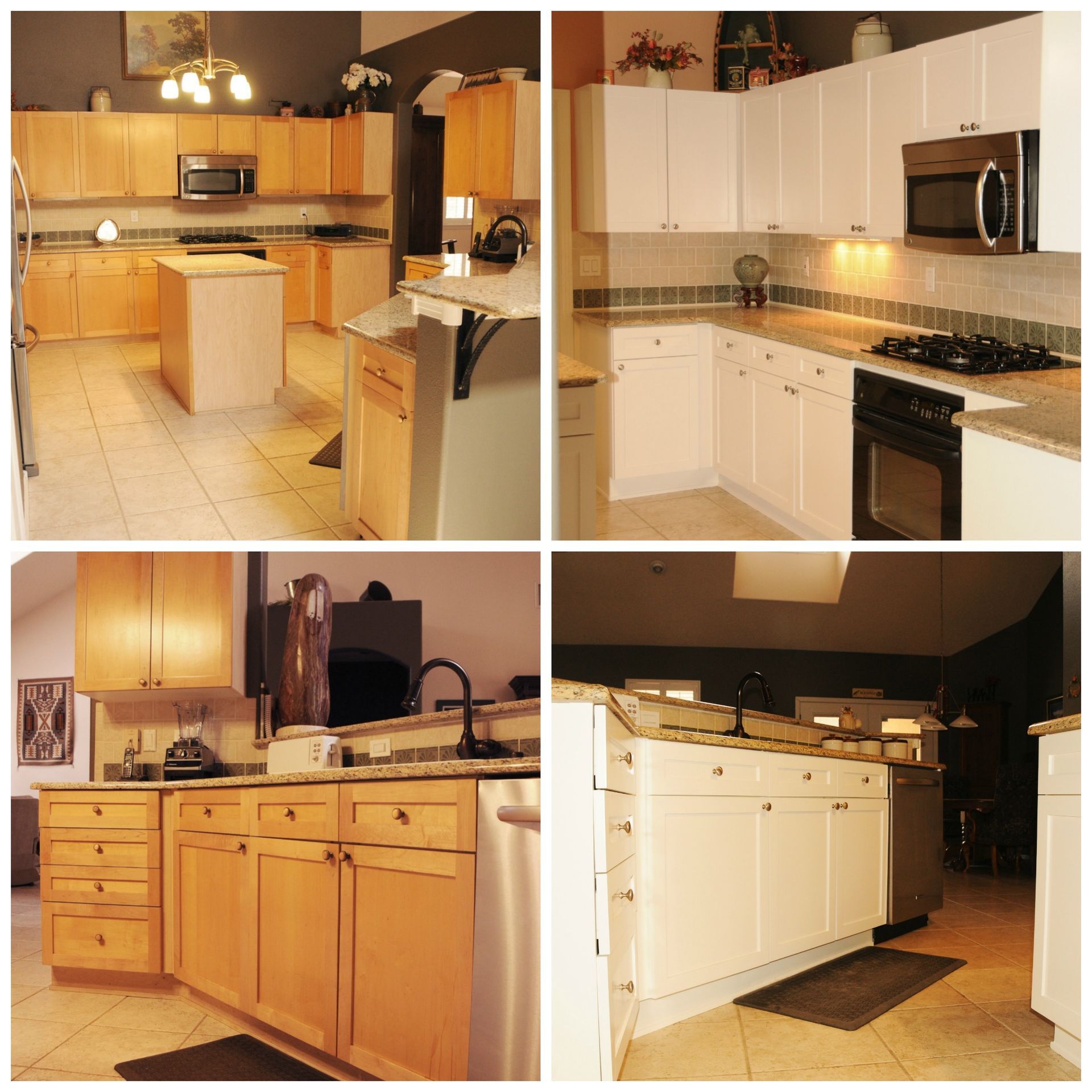 four pictures of a kitchen with wooden cabinets and white cabinets