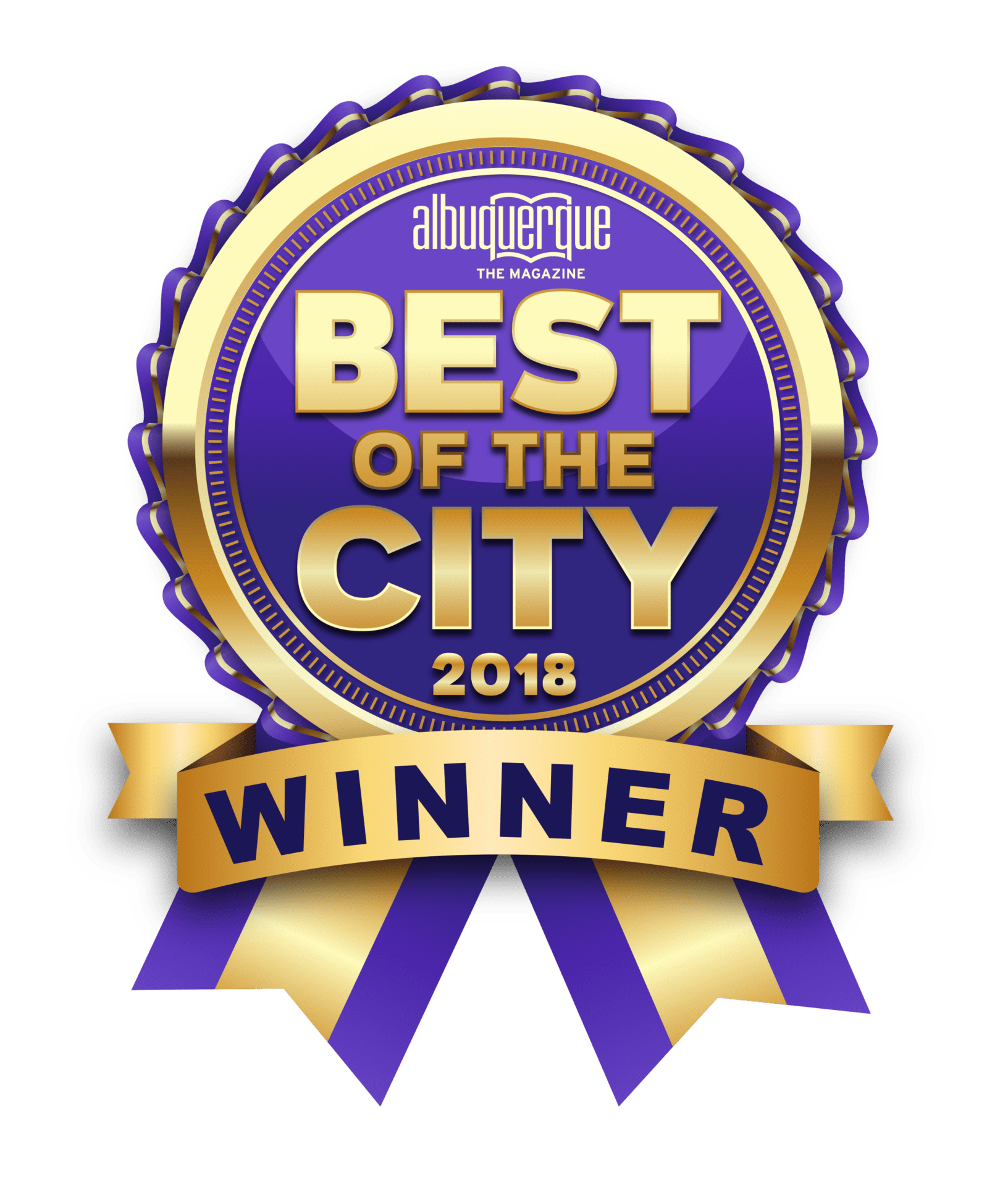 a purple and gold badge that says best of the city winner