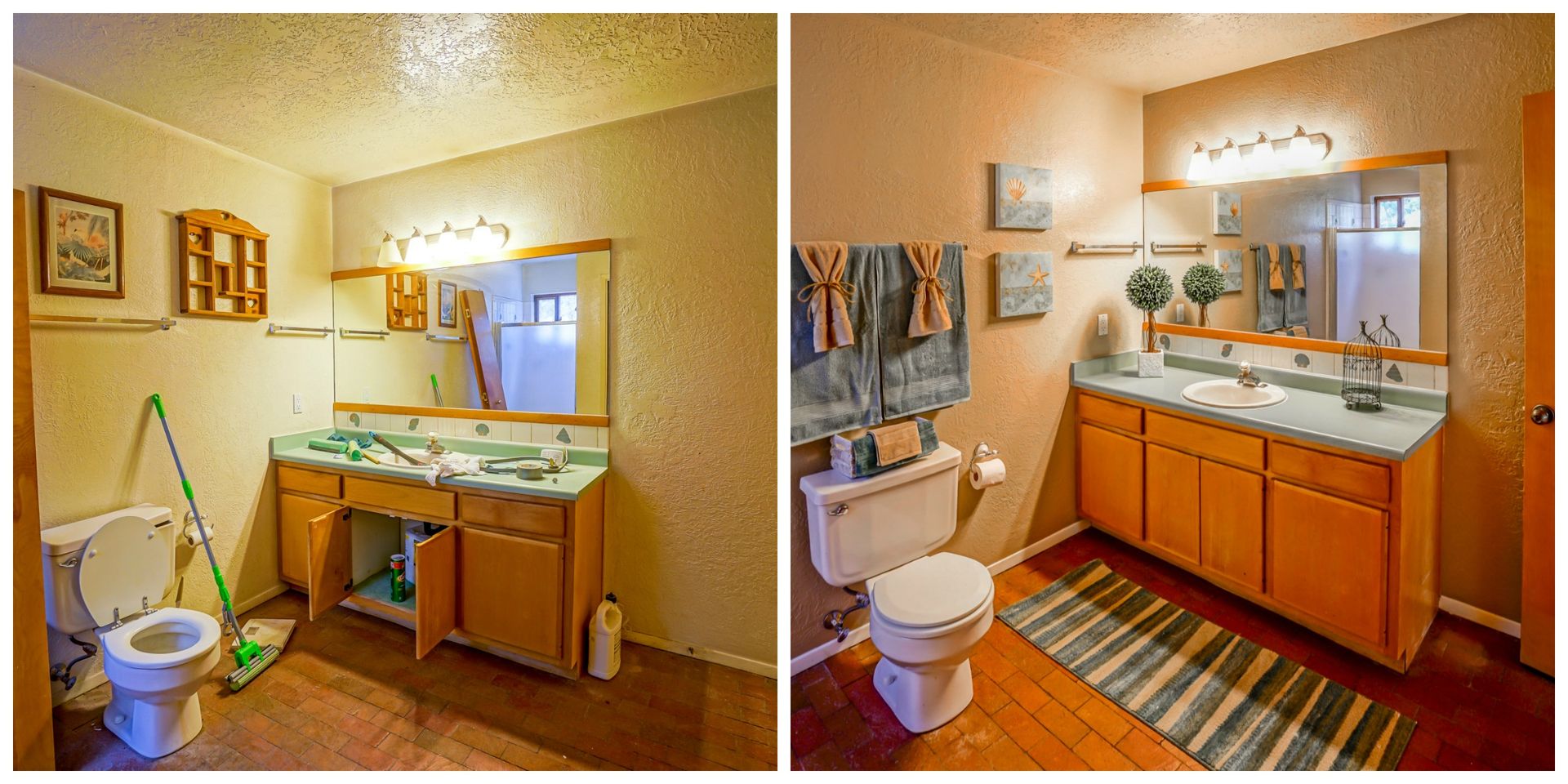 a before and after photo of a bathroom with two sinks and a toilet .
