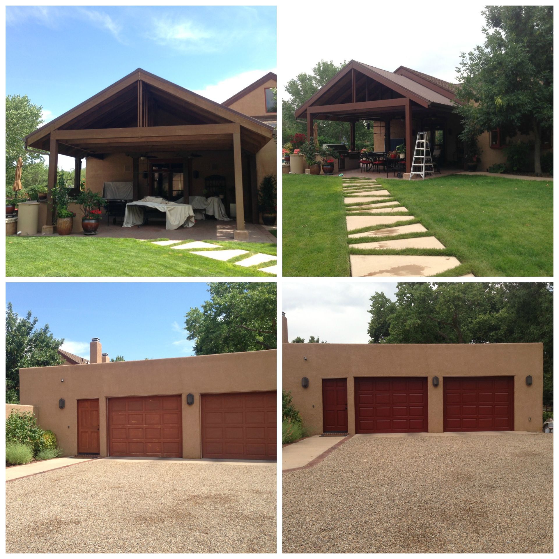 a collage of four pictures of a house and garage