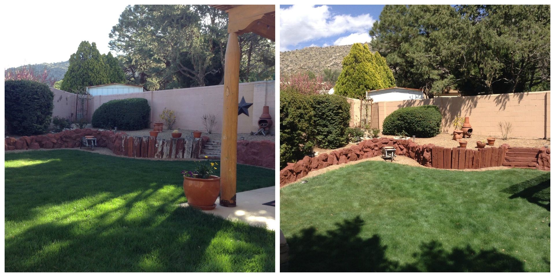 a collage of two pictures of a backyard with a pergola and a lush green lawn .