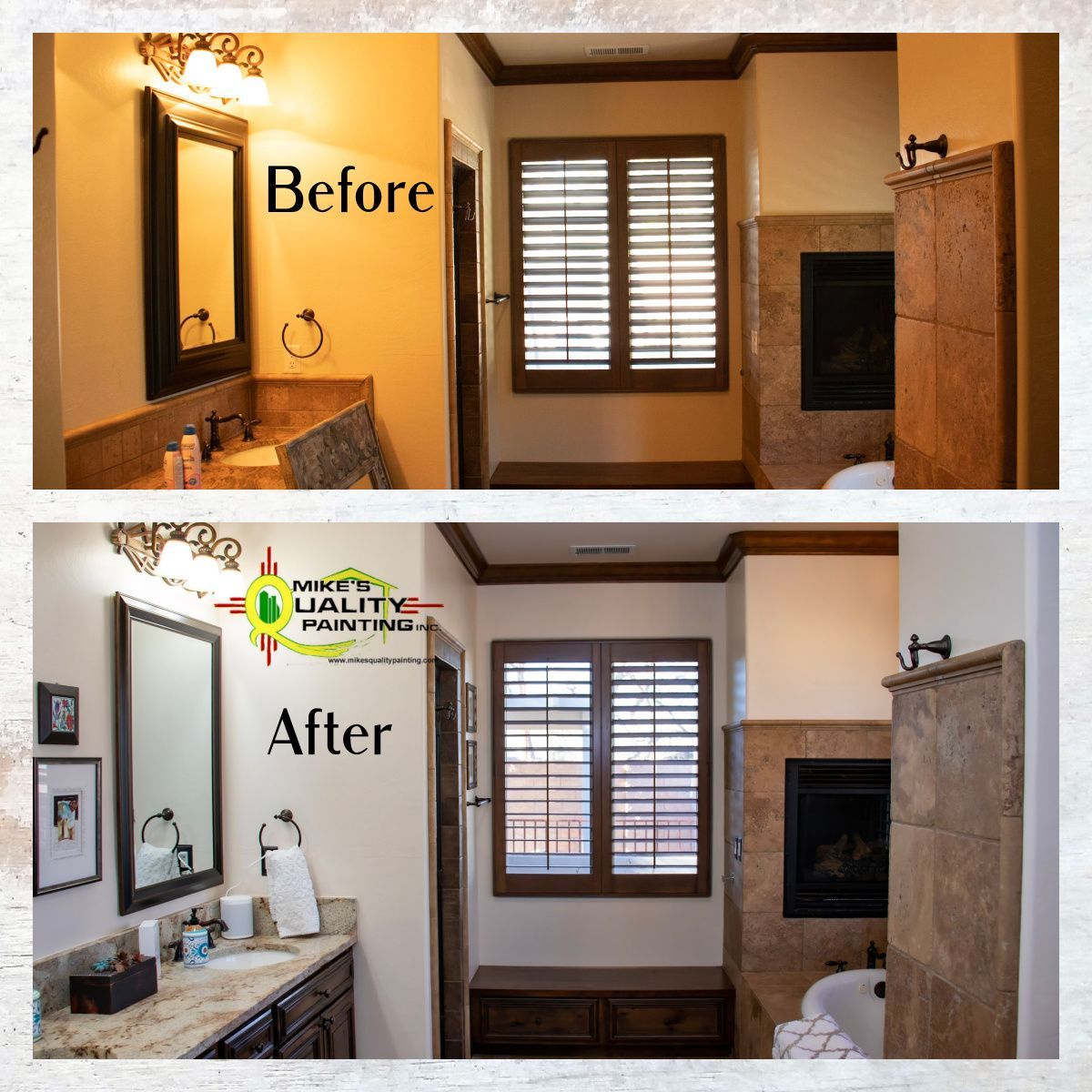 a before and after photo of a bathroom with shutters