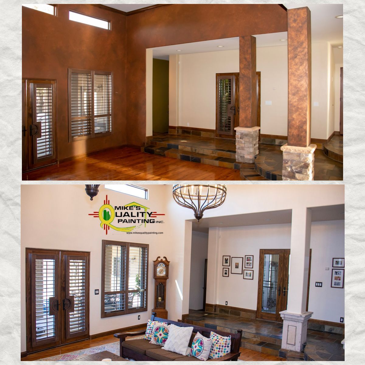 two pictures of a living room before and after being painted