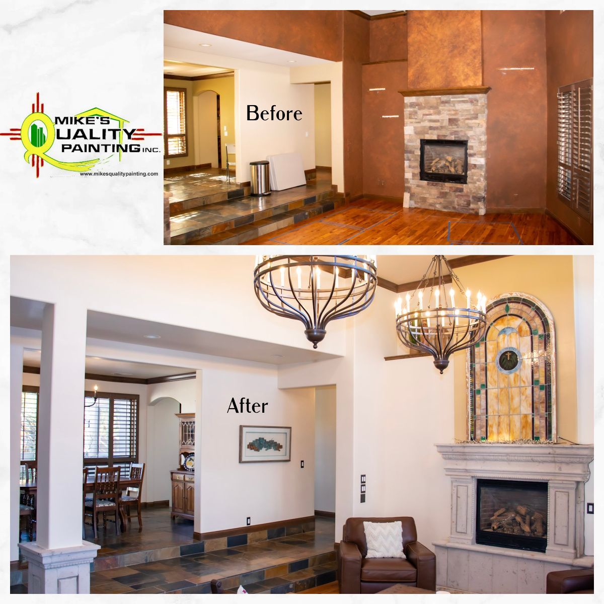 a before and after photo of a living room with a fireplace