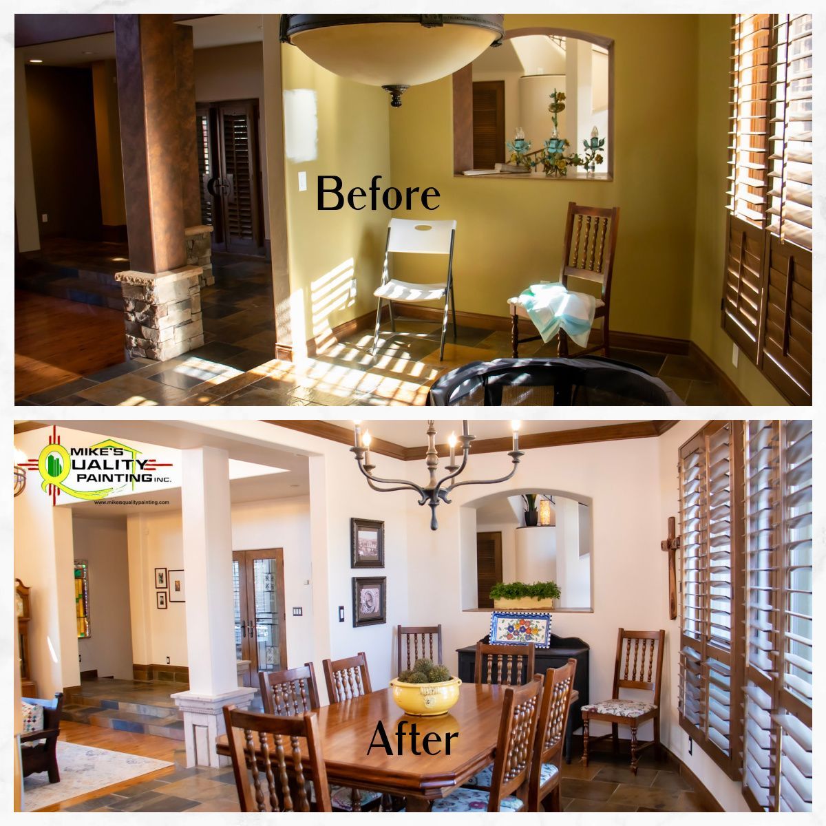 a before and after photo of a dining room