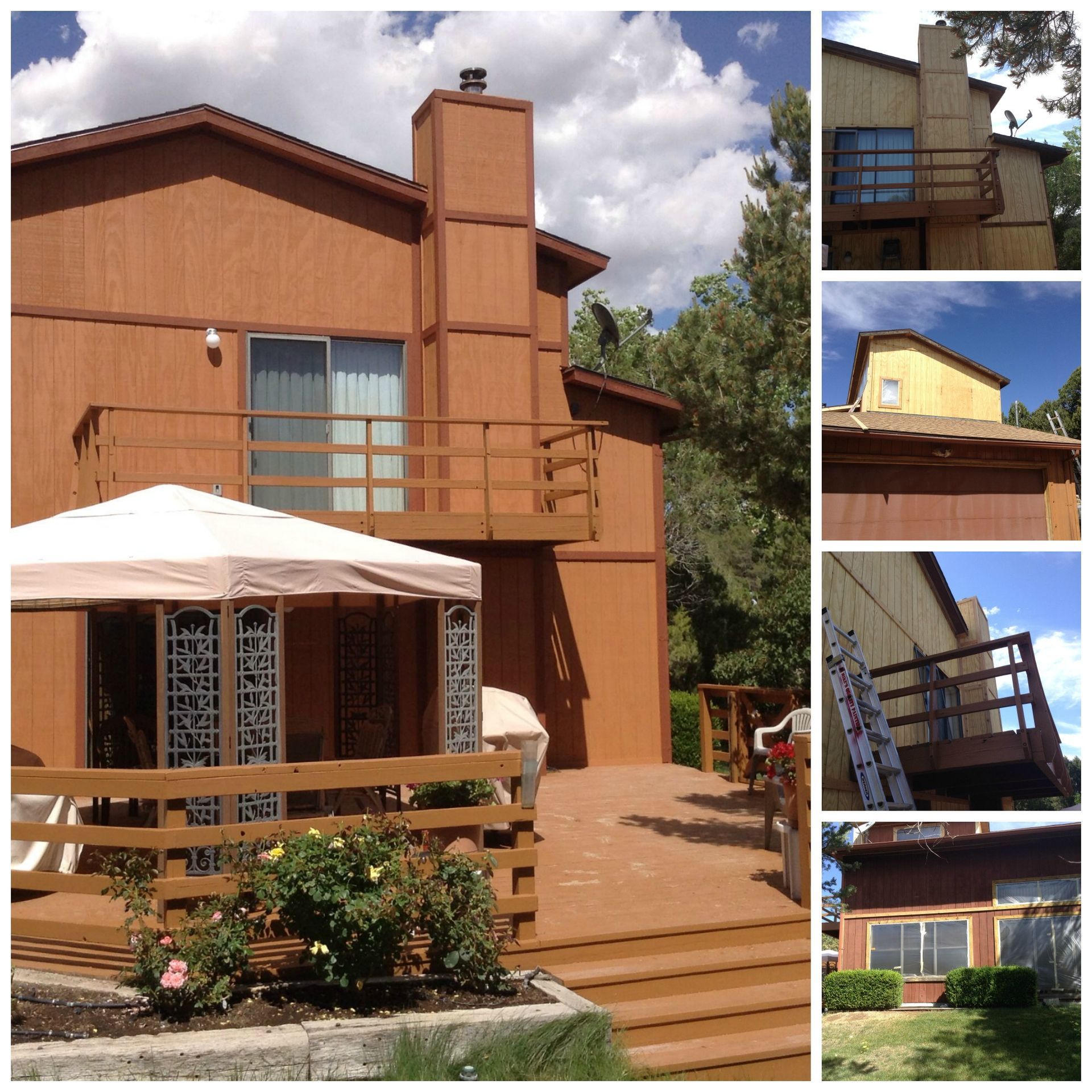 a collage of pictures of a house with a balcony