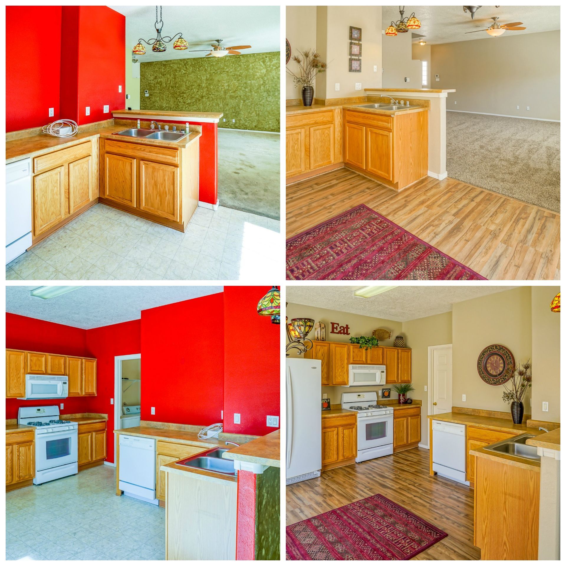 four pictures of a kitchen with red walls and wooden cabinets