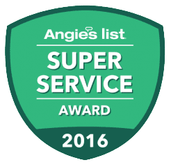 a green shield with the words `` angie 's list super service award '' written on it .
