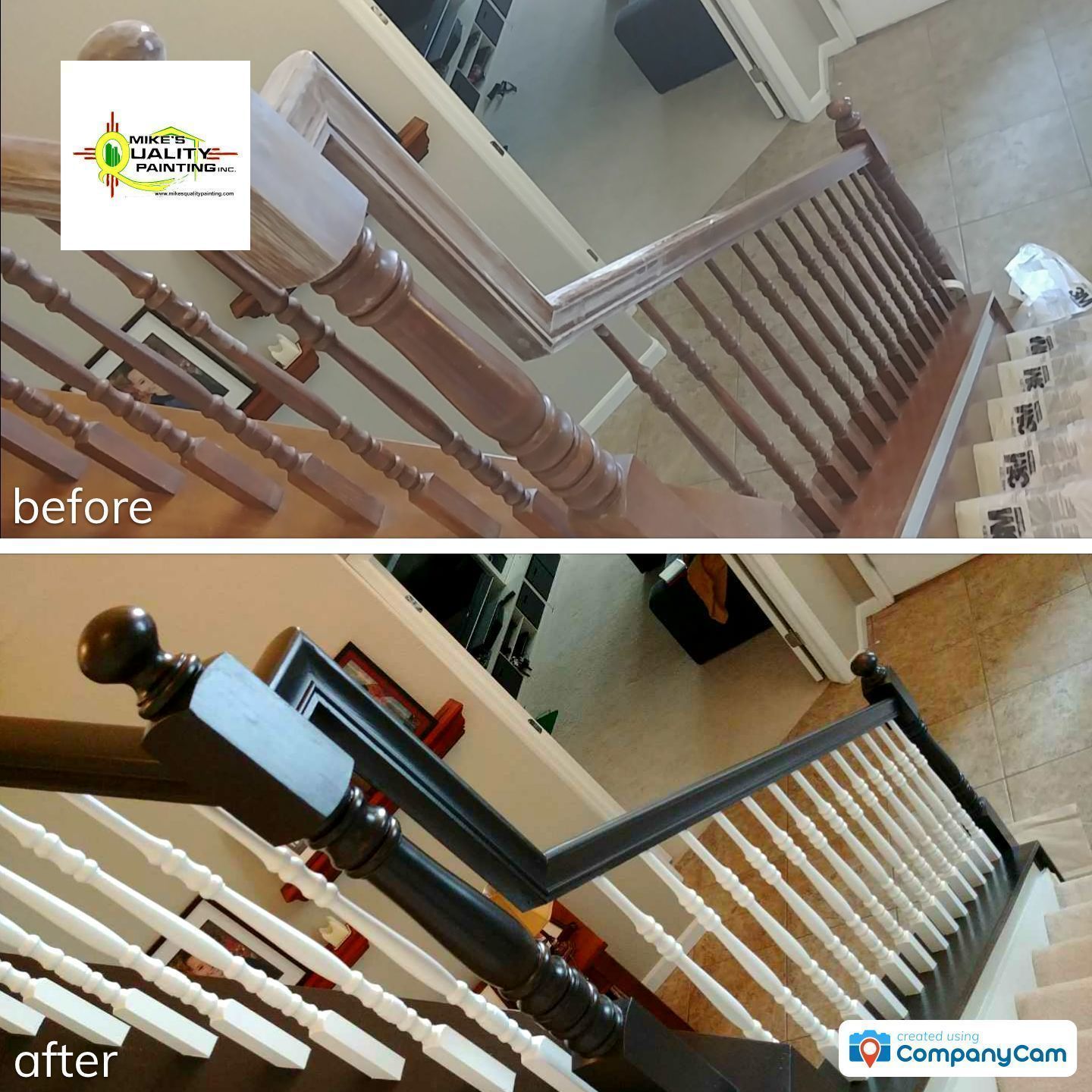 a before and after photo of a wooden staircase