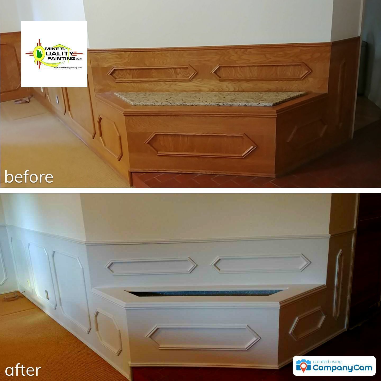 a before and after picture of a room with wood paneling