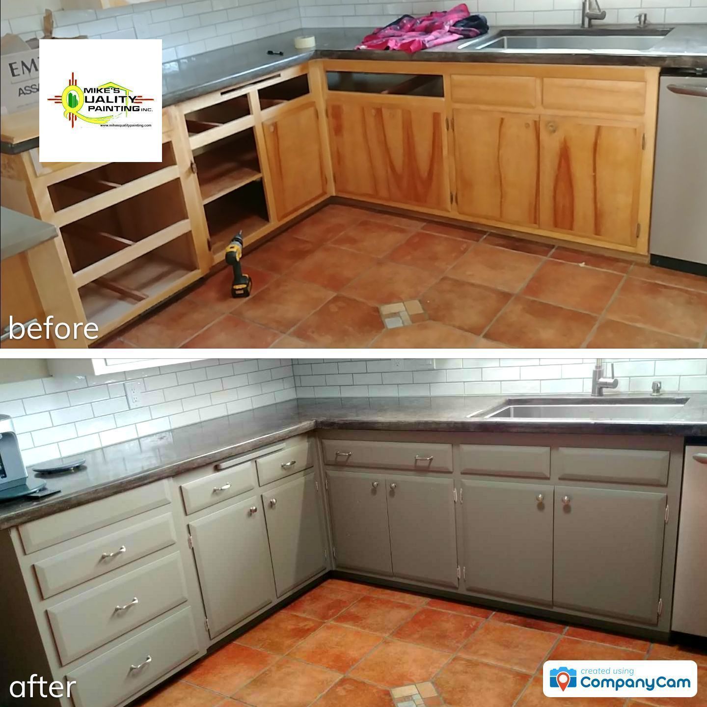 a before and after photo of a kitchen with a stainless steel sink