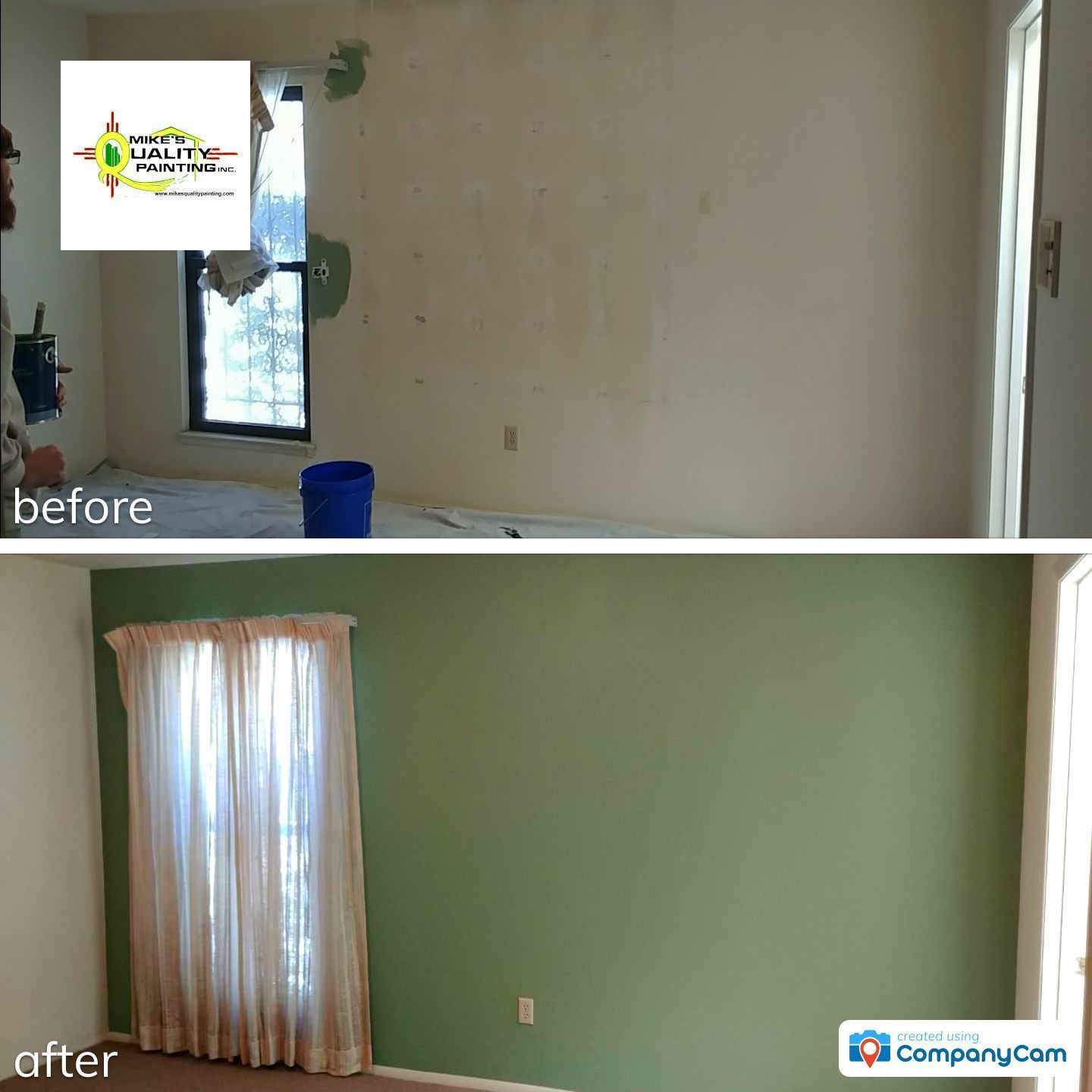 a before and after photo of a bedroom with green walls