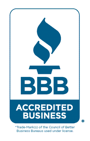 Un logo d'entreprise accrédité BBB bleu et blanc sur fond blanc.