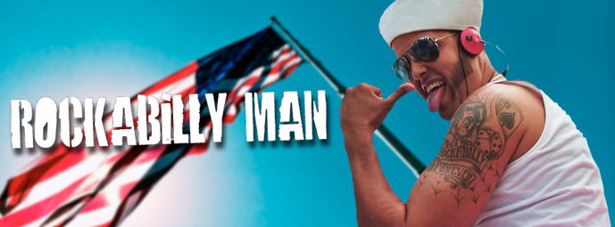 A man in a white tank top is holding an american flag in front of a banner that says rockabilly man