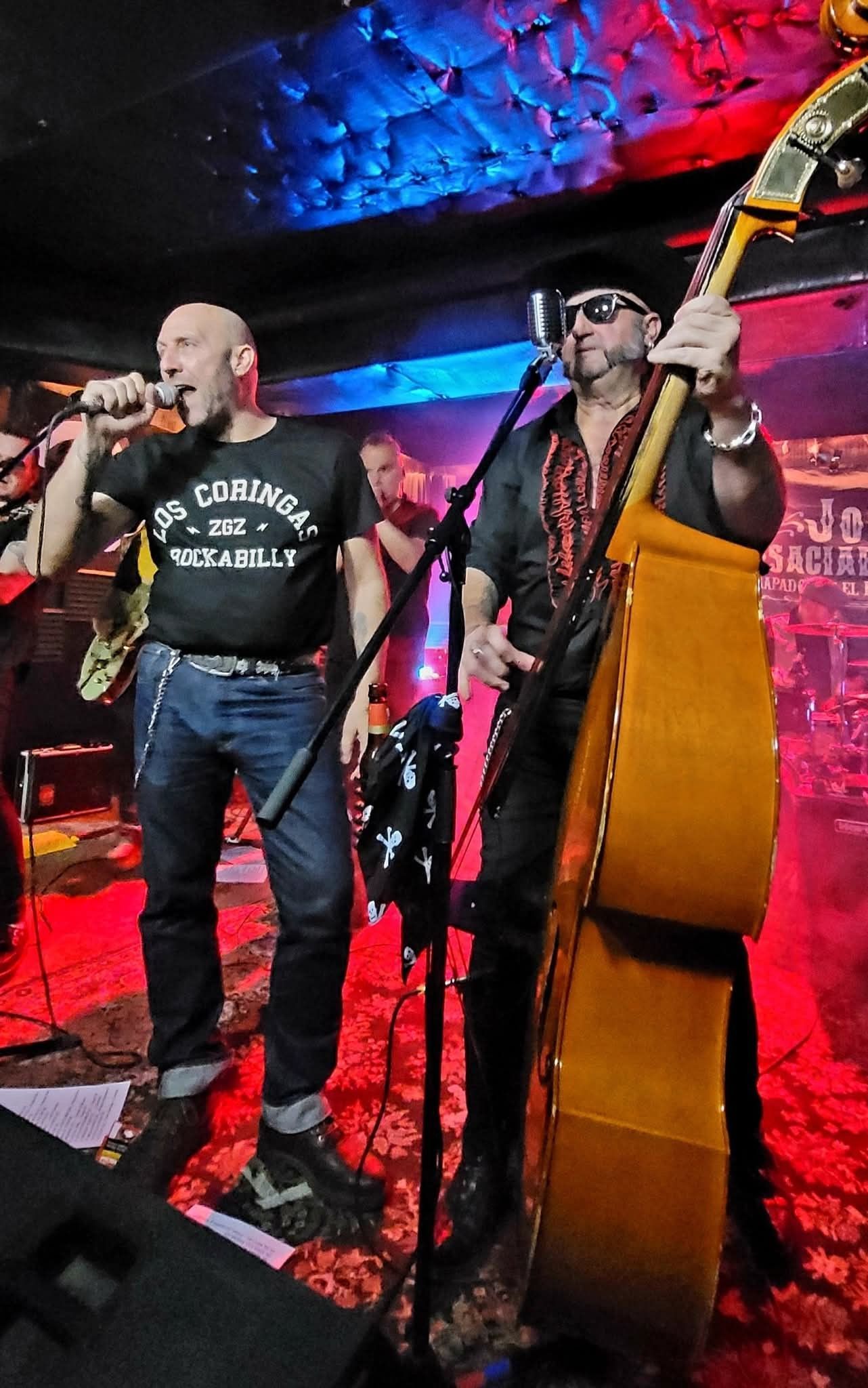 Two men on stage, one singing into a microphone, the other playing a stand-up bass. Red and blue stage lighting.