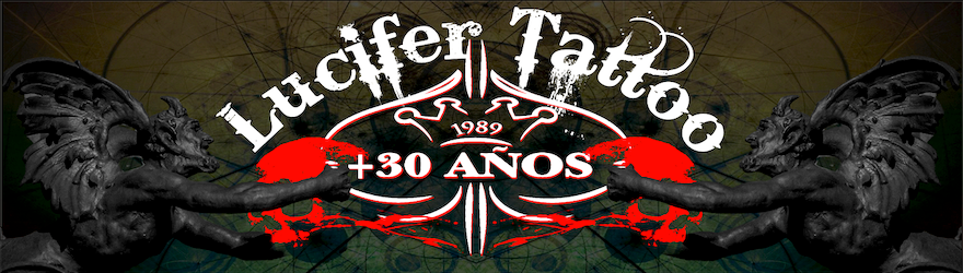 The logo for lucifer tattoo has a statue of a lion on it
