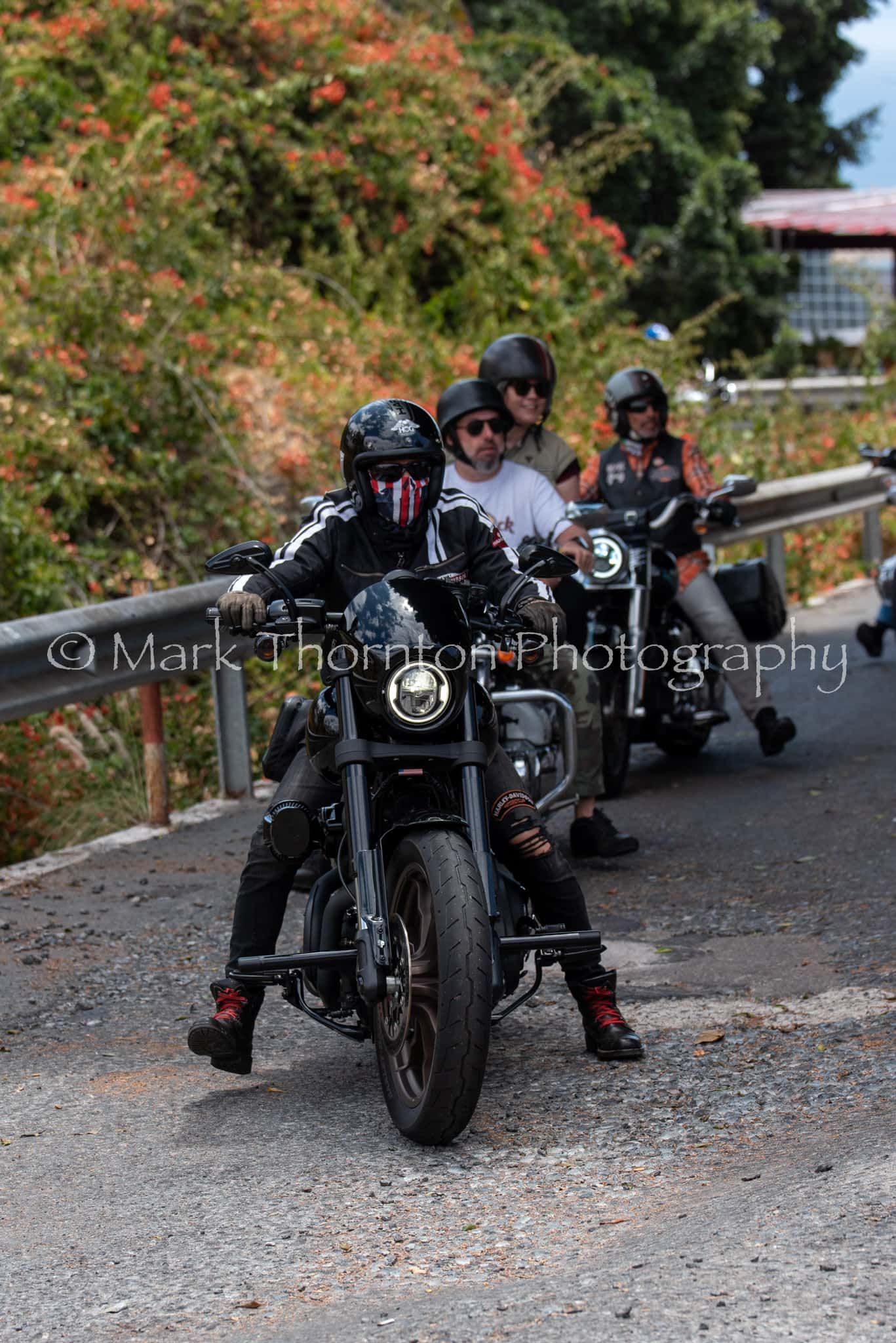 A group of people are riding motorcycles down a road.