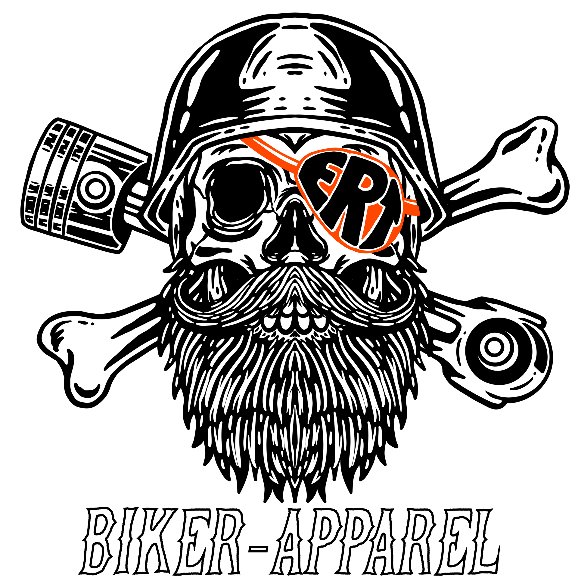 A black and white drawing of a bearded skull wearing a helmet and crossbones.