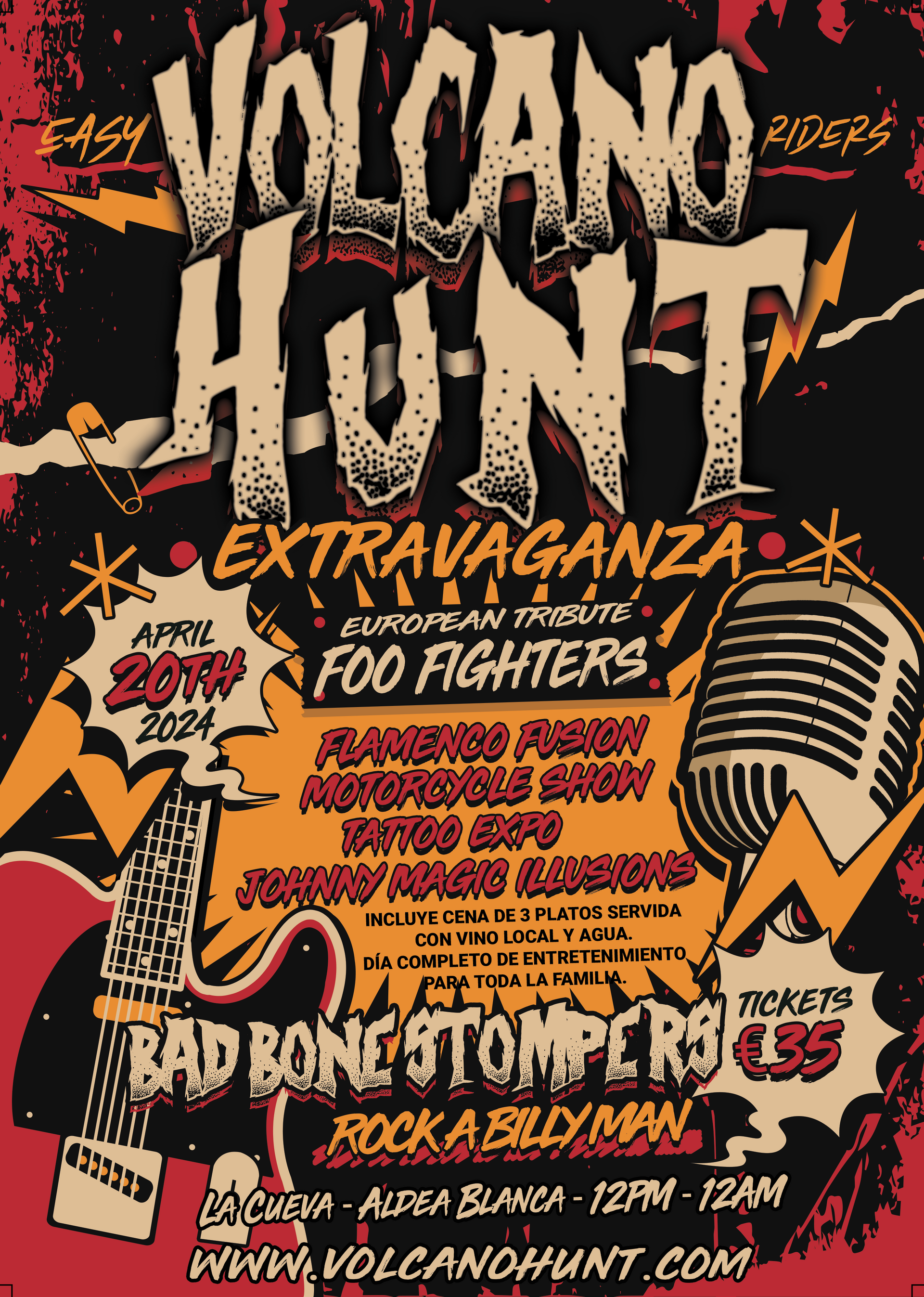 A poster for volcano hunt featuring foo fighters and bad bone stompers