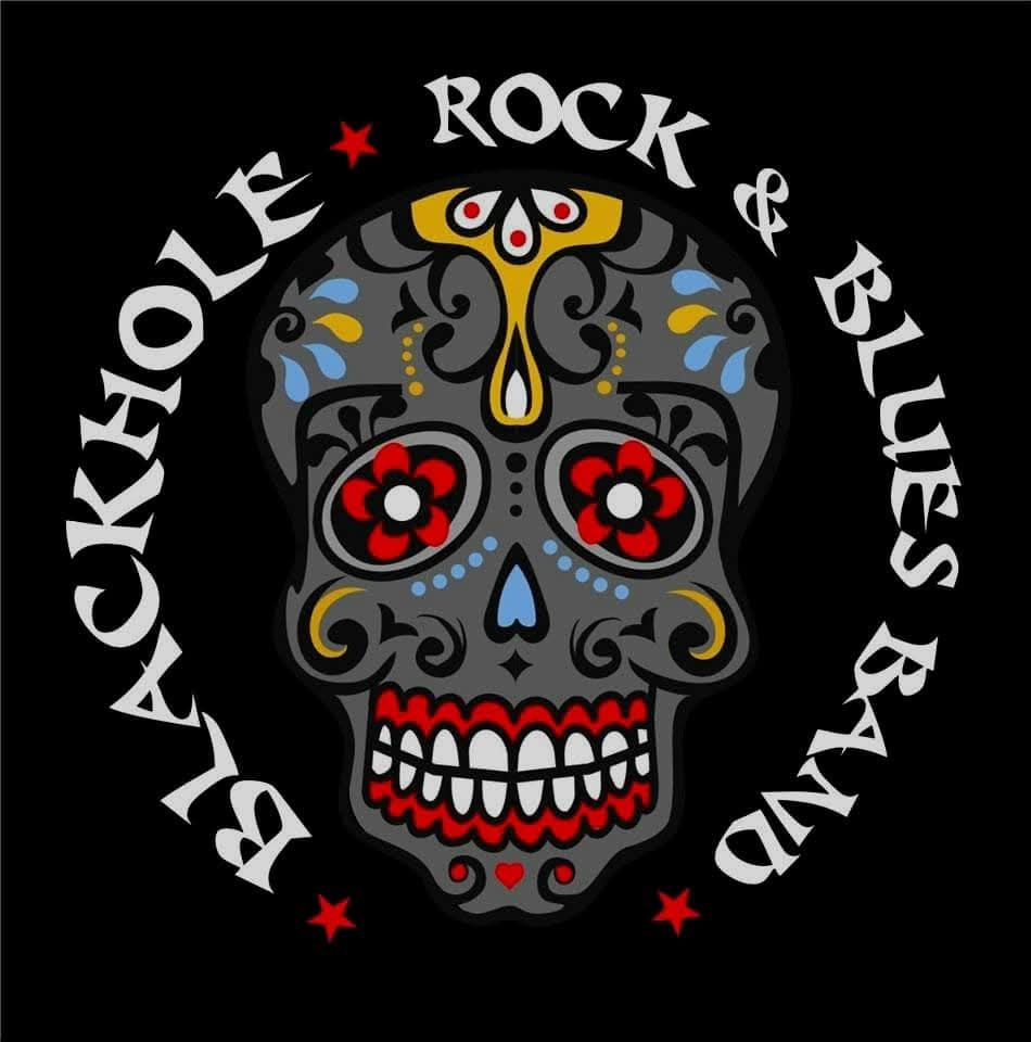 A black hole rock and blues band logo with a sugar skull