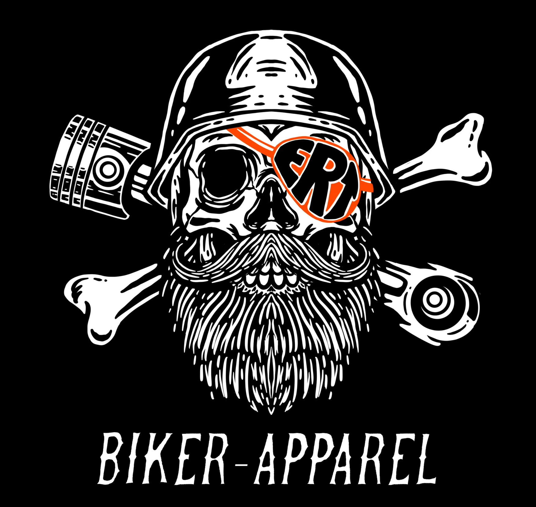A skull with a beard and a helmet and crossbones on a black background.