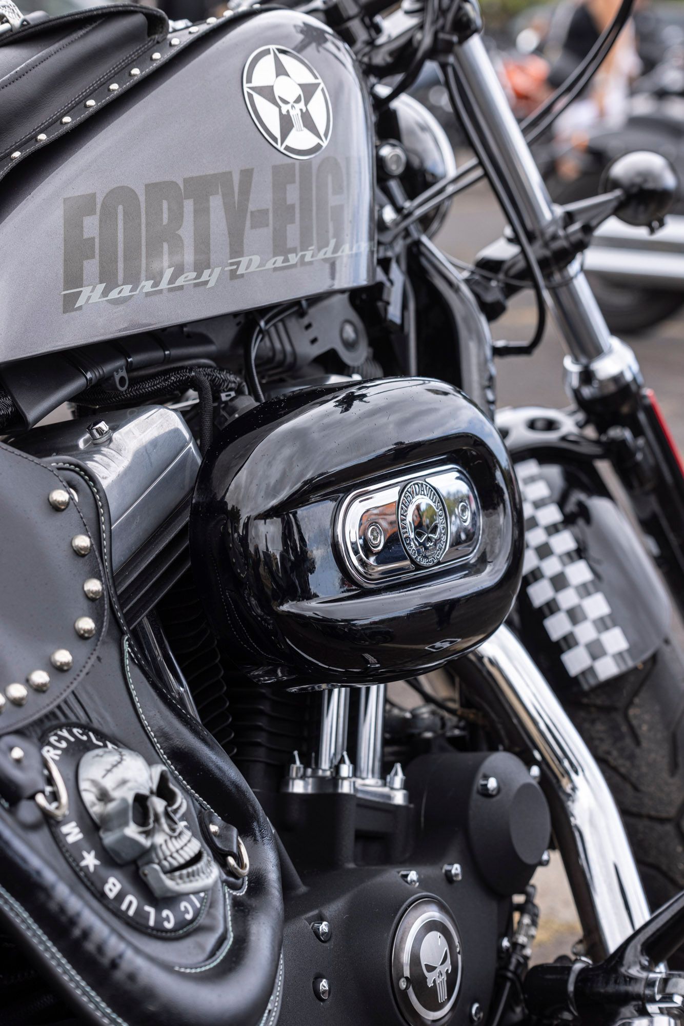 A harley davidson motorcycle with a skull on the engine