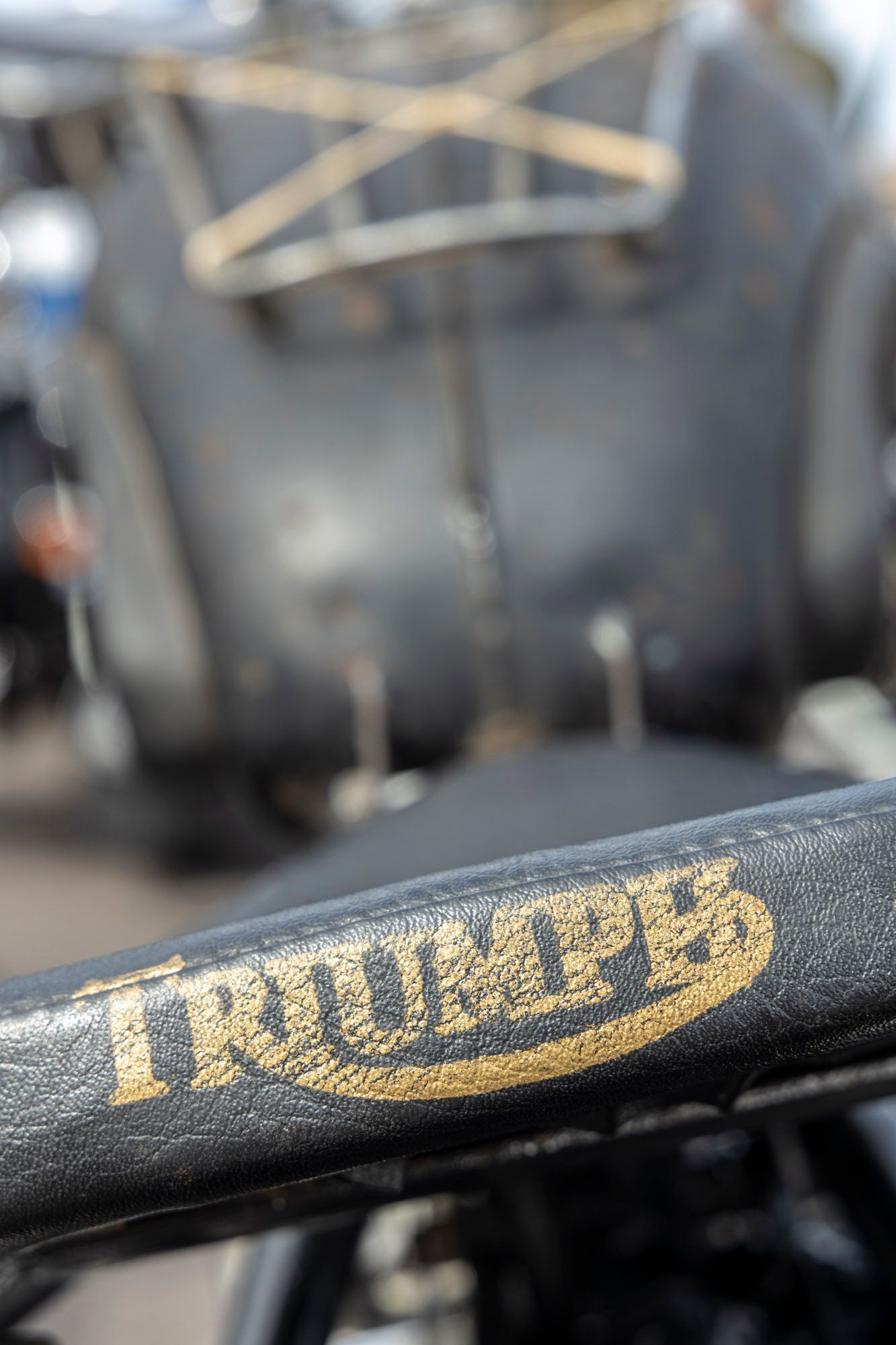 A close up of a triumph logo on a motorcycle
