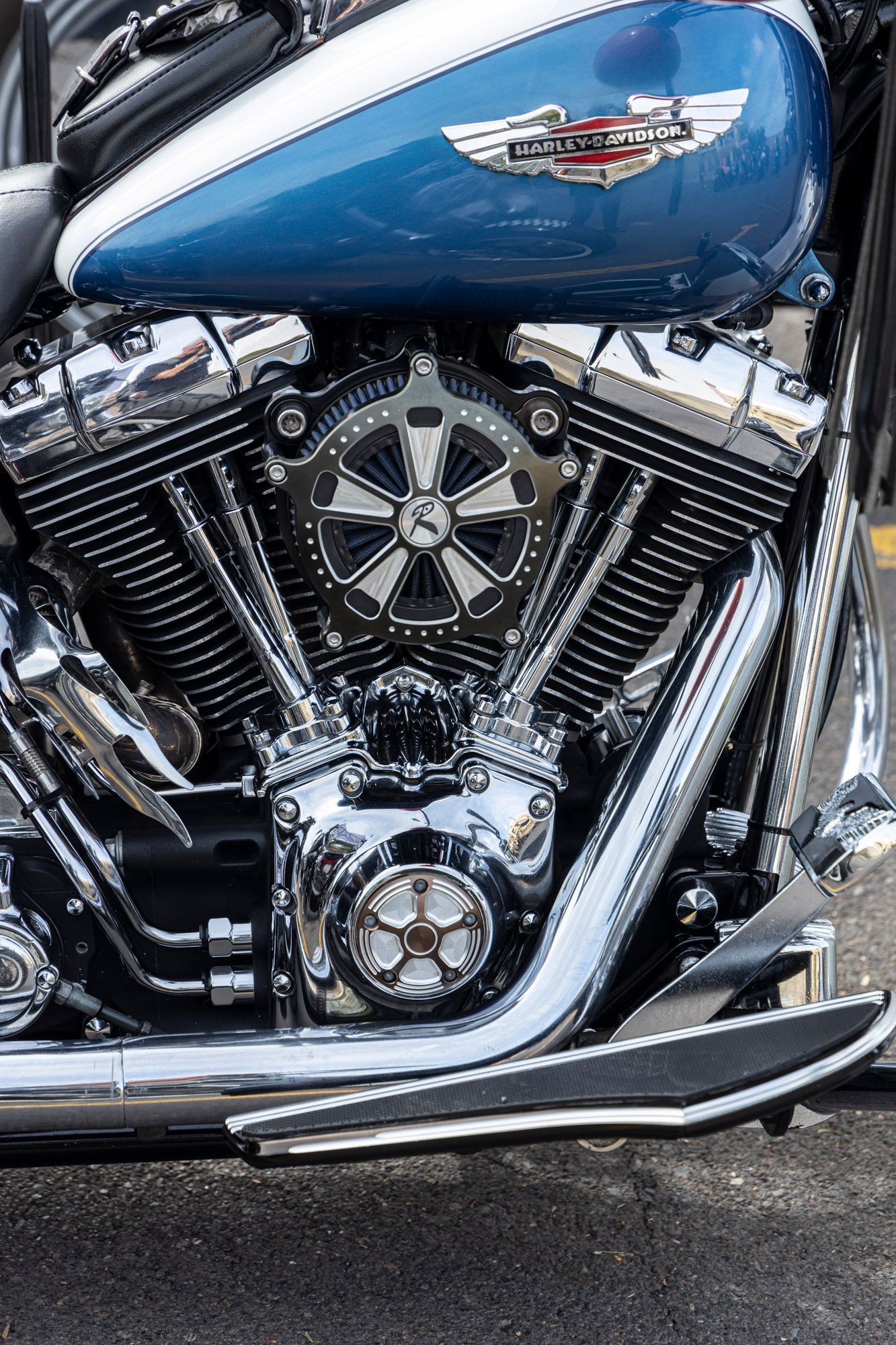 A close up of a harley davidson motorcycle engine