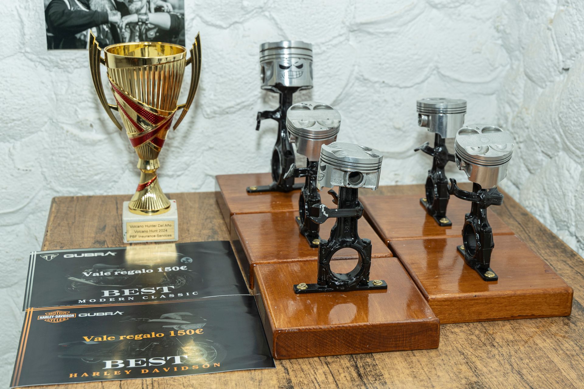A trophy sitting on top of a wooden table