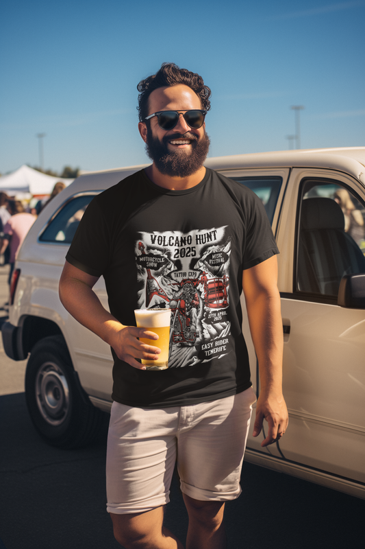 A man with a beard is standing in front of a car holding a cup of beer.