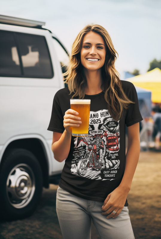 A woman is holding a glass of beer in front of a van.