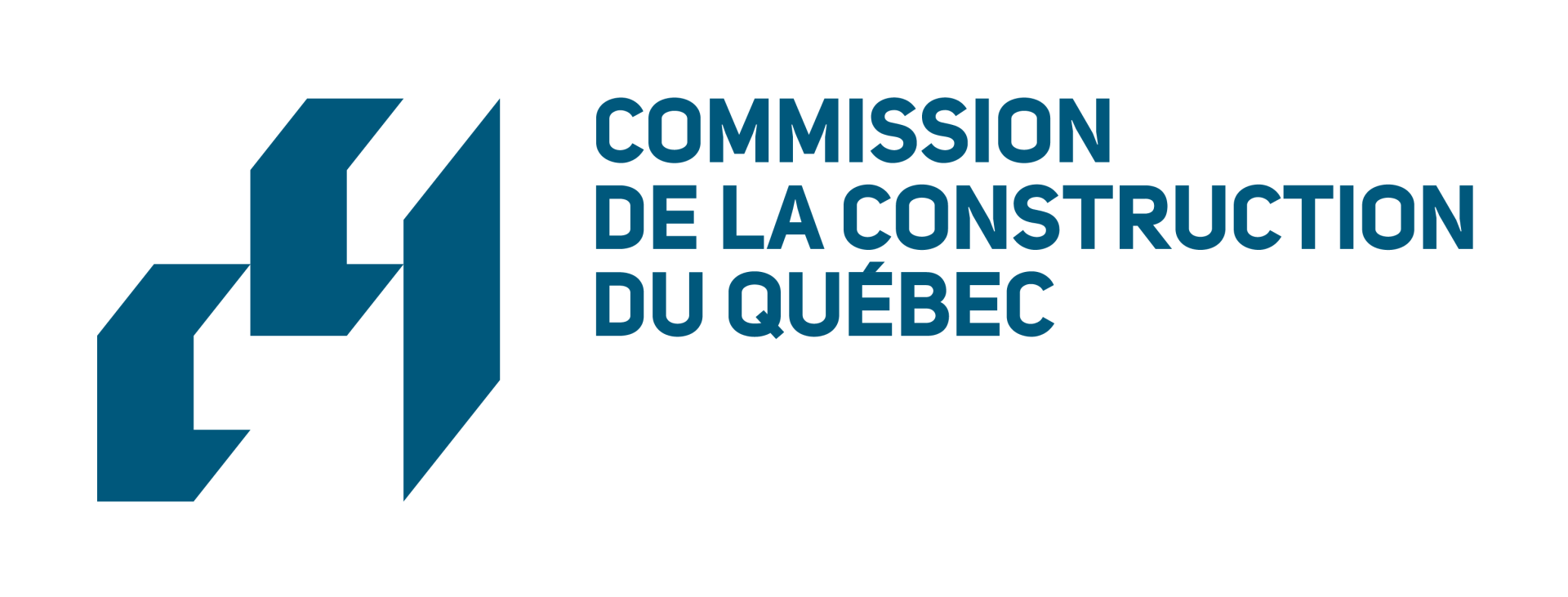 Logo de la Commission de la construction du Québec, formes géométriques bleues avec texte en bleu.