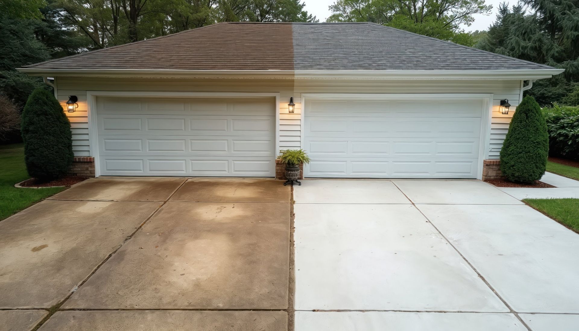 A two-car garage with one tan door and one white door, split driveway, and outdoor lights at dusk