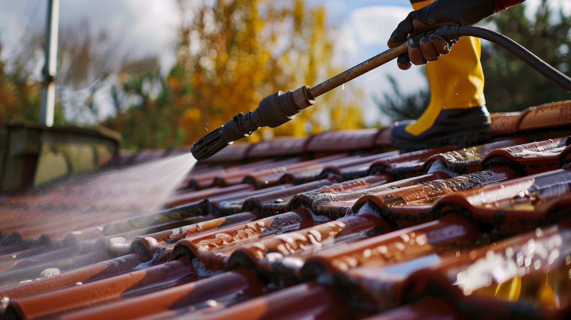 Person pressure-washing a red-tiled roof outdoors