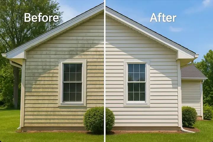 Split-screen before and after of a house exterior, showing a faded yellow siding makeover to bright white siding.