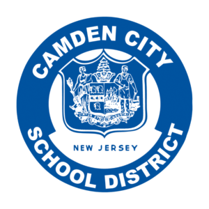 The camden city school district logo is blue and white
