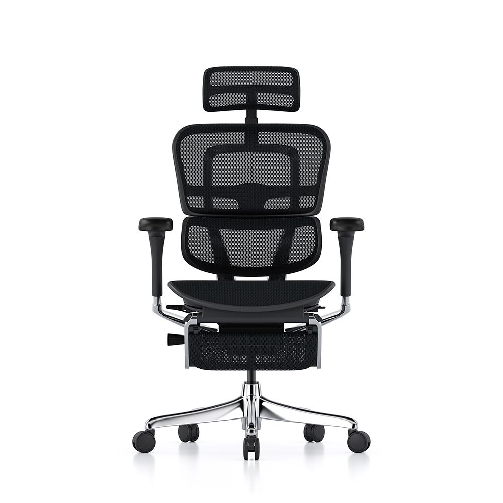 Ergohuman Elite G2 with black frame and black T mesh and headrest and legrest