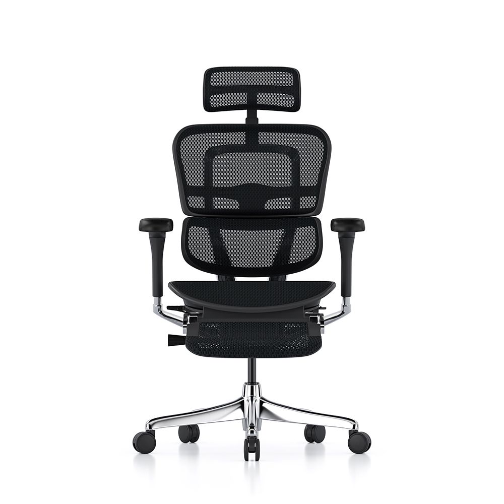 Ergohuman Elite G2 with black frame and black T mesh and headrest and legrest