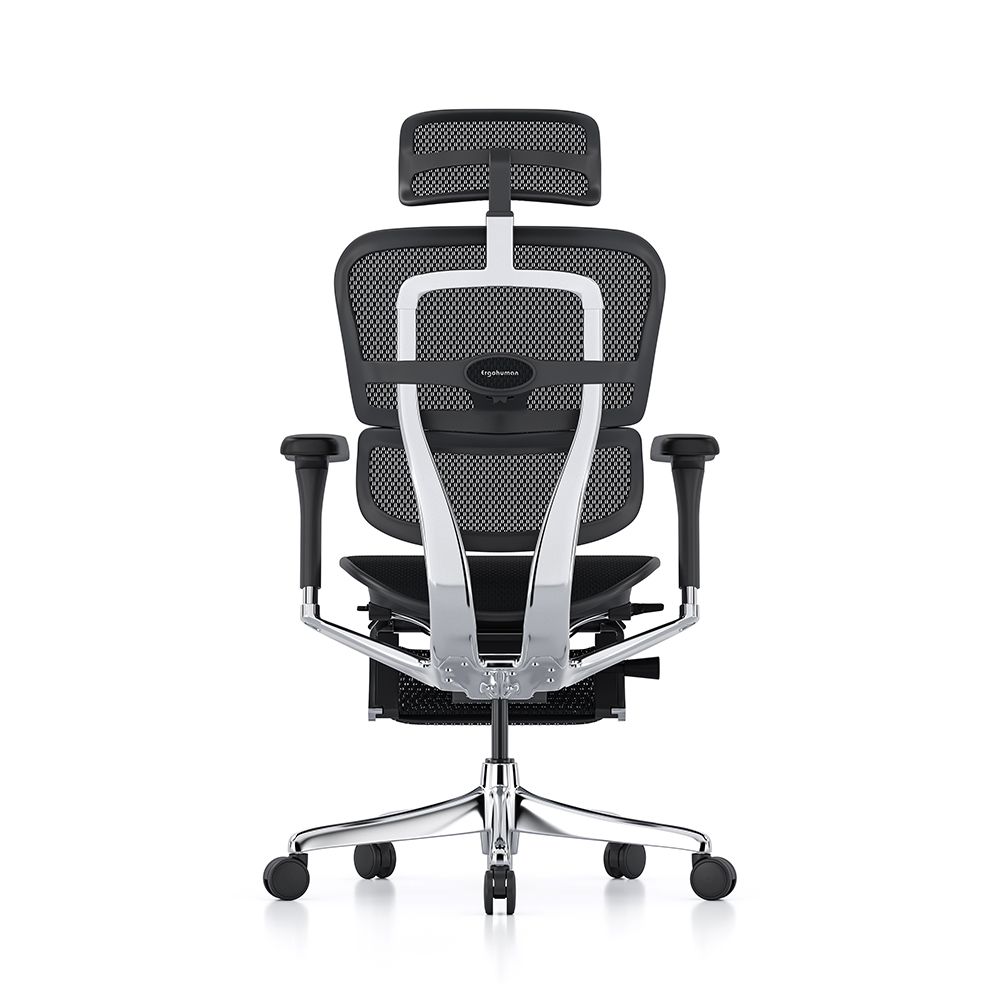 Ergohuman Elite G2 with black frame and black T mesh and headrest and legrest