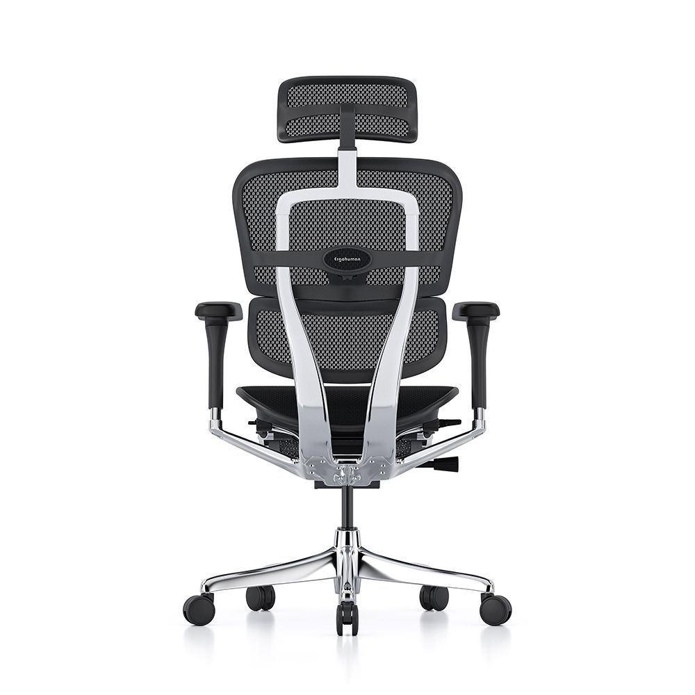 Ergohuman Elite G2 with black frame and black T mesh and headrest and legrest