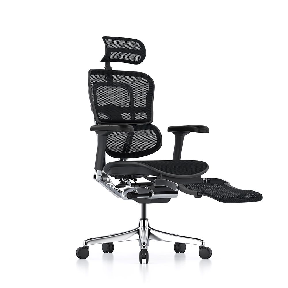 Ergohuman Elite G2 with black frame and black T mesh and headrest and legrest