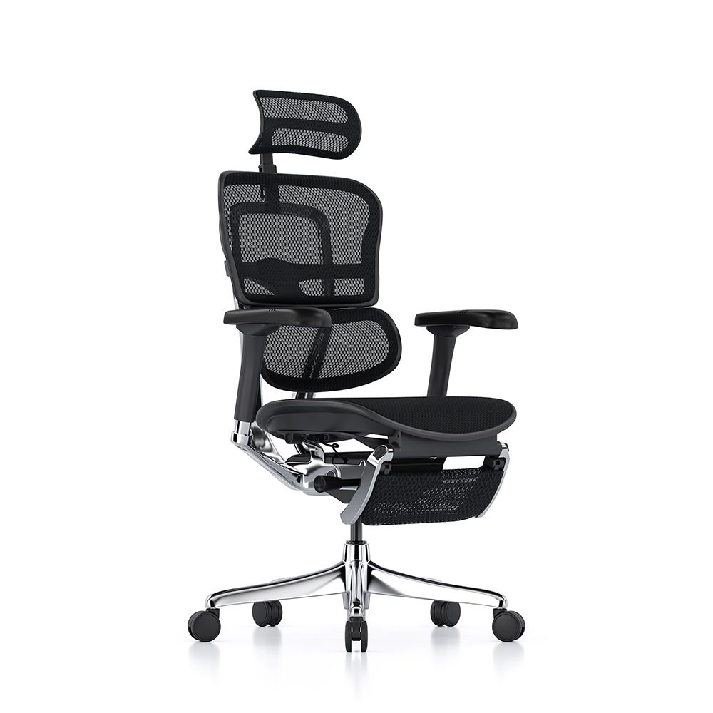 Ergohuman Elite G2 with black frame and black T mesh and headrest and legrest