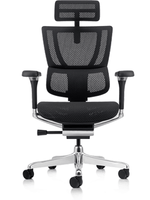 Black office chair with black frame, including headrest.