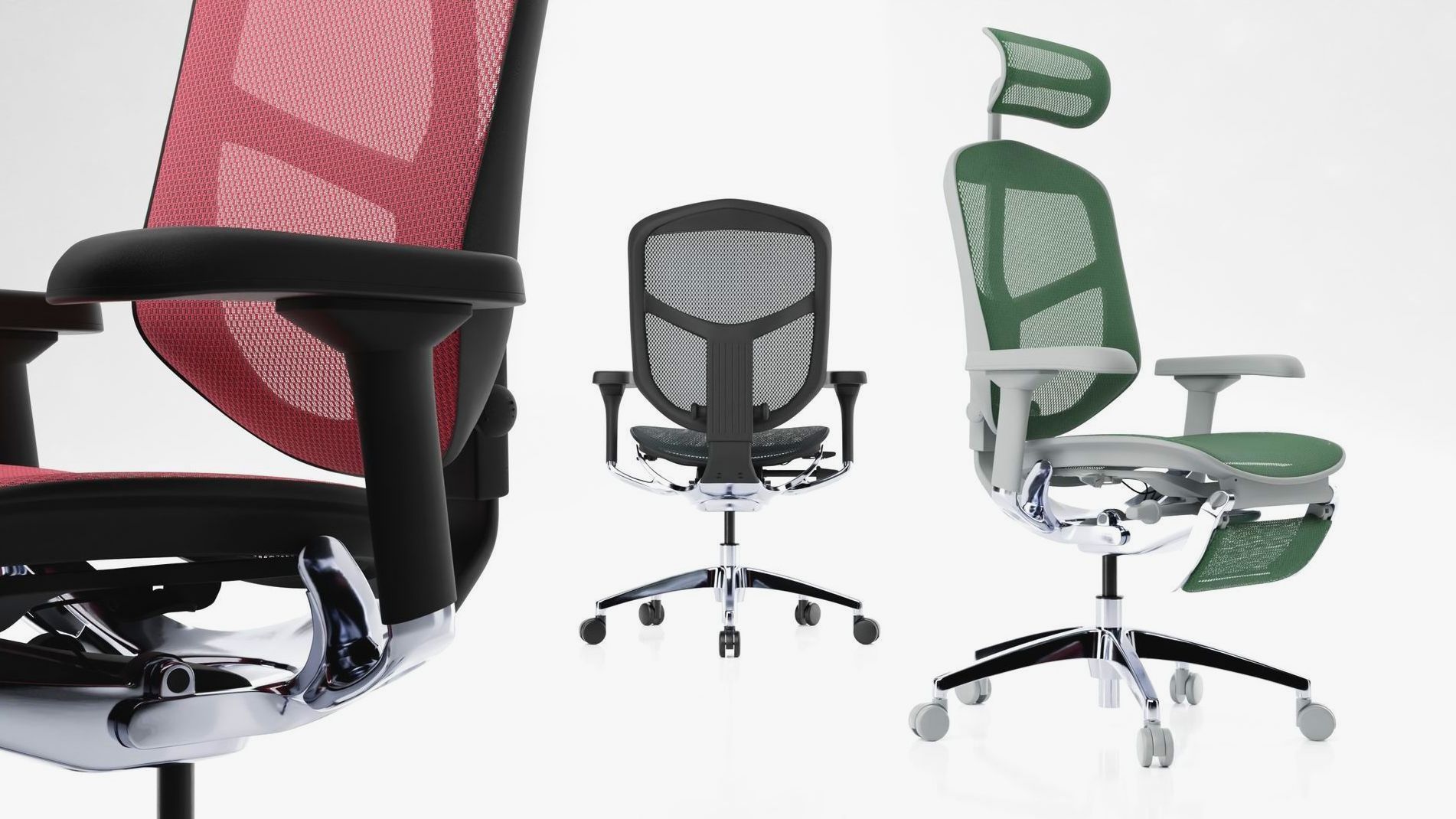 Three Enjoy Elite G2 office chairs. The chair on the right is facing the forward right - it's a grey frame green mesh chair. The middle chair is facing the back - it's a black frame and black mesh. The chair on the left is facing the front left - it's a black frame with scarlet mesh.