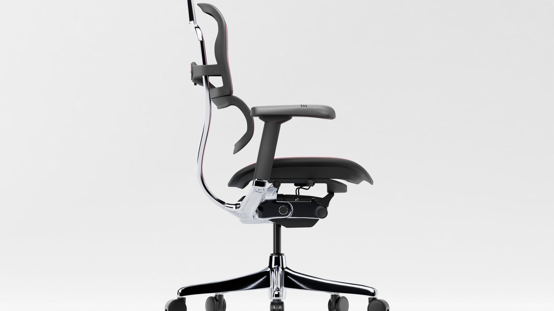 Right profile view of the Ergohuman Elite with a black frame; the chair is situated against a white backdrop.