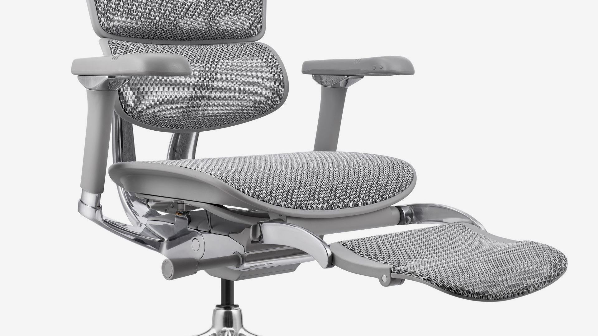 Ergohuman grey frame with grey mesh with the legrest up and the chair reclining back.