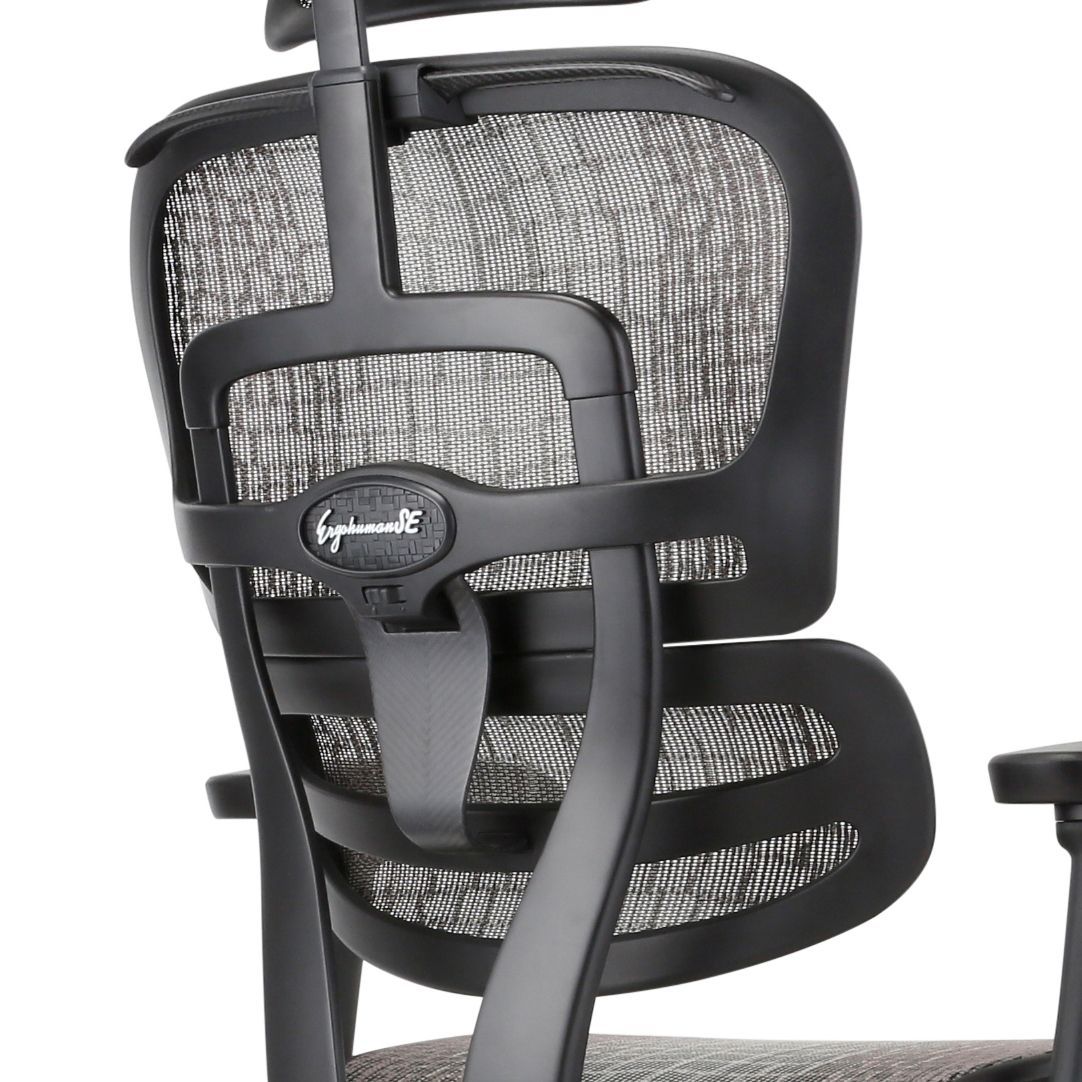 The back view of the Ergohuman Carbon chair in a black frame and black/grey mesh. 