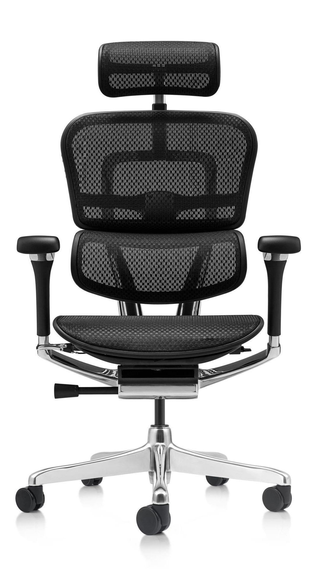 Ergohuman office chair with black frame and black mesh.