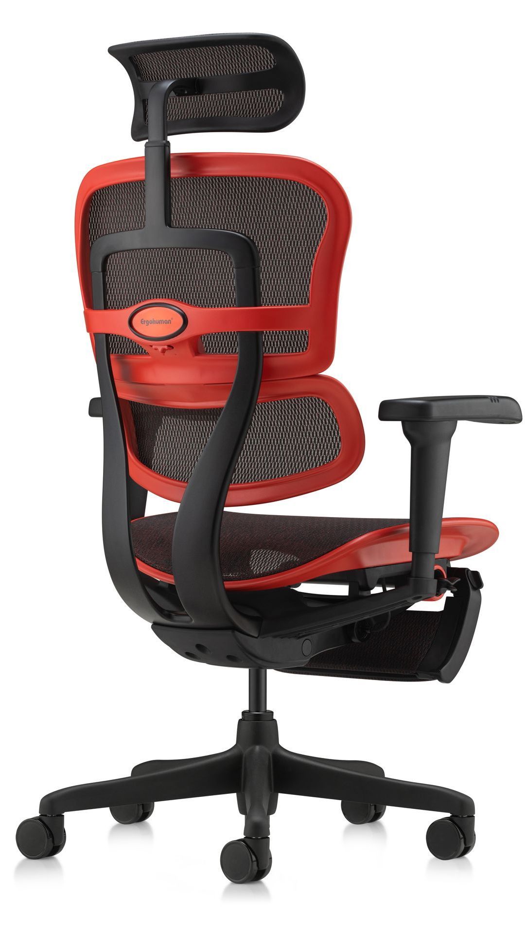 ergohuman gaming chair in red frame facing back right